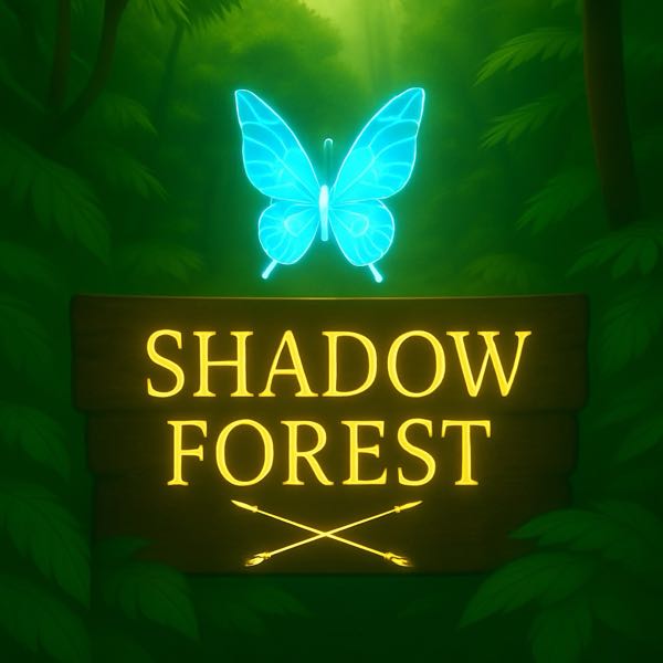 Shadow Forest glowing blue butterfly above wooden sign