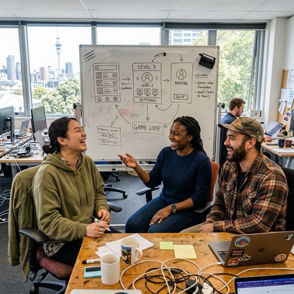 SpinPartyGo design team discussing sketches on whiteboard